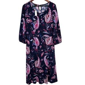NEW NWT $129 Talbots Plus Size 14 Floral Dress Navy Blue Pink Paisley Stretchy
